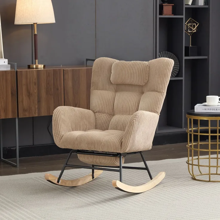 Schaukelstuhl aus Cordstoff in Braun mit hoher Rückenlehne, Beinstütze, Seitentasche, Relax Sessel für Wohnzimmer & Babyzimmer