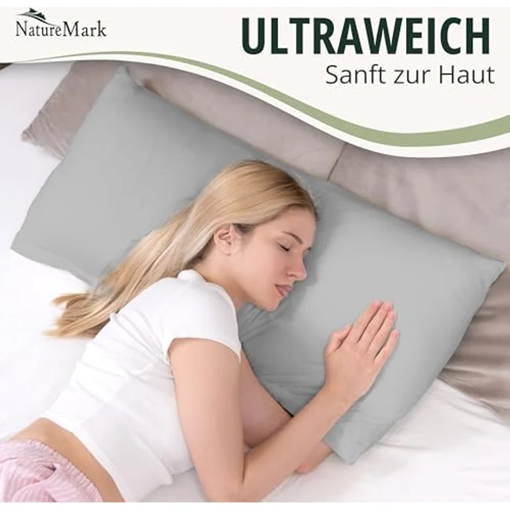 NatureMark 2er Pack Jersey Kissenbezug Kissenhülle Kissenbezüge Seitenschläferkissen Nackenkissen viele Größen und Farben ÖKO-TEX (40x80 cm, Silber grau) – Bild 5