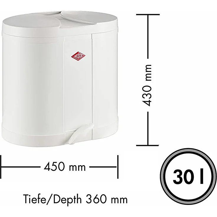 Wesco 'Ökosammler 170' Abfalleimer mit Fußtritt und 2-fach Trennung, 30 (2x15) Liter, Stahlblech, Silber – Bild 2