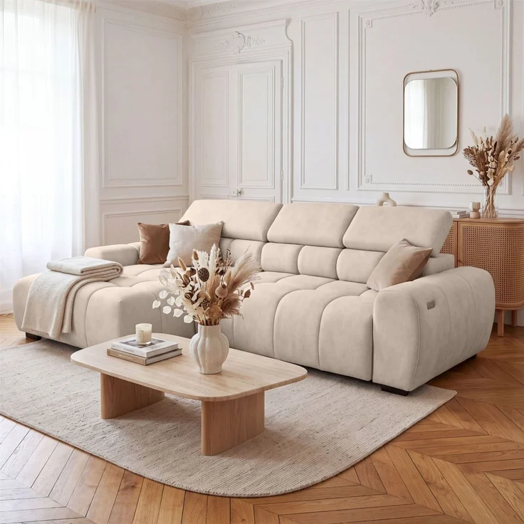 Ecksofa Schlafsofa VELUNIO RELAX in Stoff Salvador Creme Ottomane Links – Bild 1