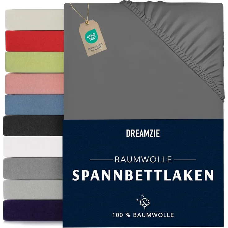 Dreamzie - Spannbettlaken 180x200 cm - Baumwolle Oeko Tex Zertifiziert - Anthrazitgrau - 100% Jersey Spannbettlaken 180x200 cm Baumwolle