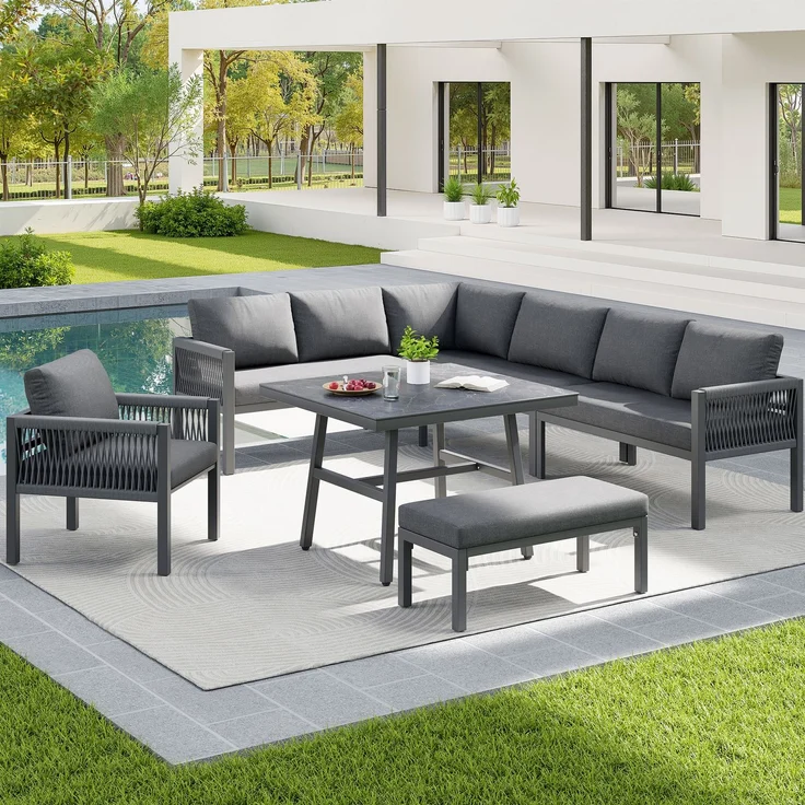 Merax Garten-Lounge-Set, Gartensofa-Garnitur in L-Form für bis zu 8 Personen / Robustes Eisengestell mit grauen Polstern / Komplett mit Tisch (Holzoptik Glas) & 1 Sessel, grau – Bild 3