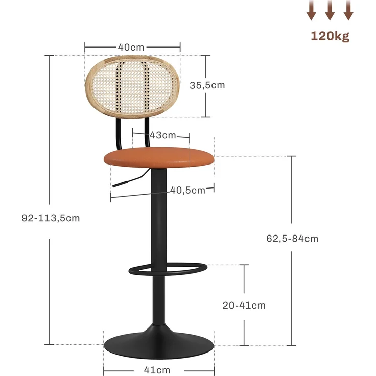 2er-Set Barhocker, höhenverstellbare Barstühle mit Rattan-Rückenlehne und Fußstütze, braun – Bild 5