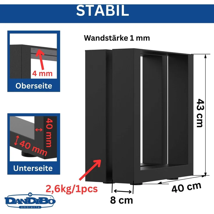 DanDiBo 2x Bankgestell Metall Schwarz 43 x 40 cm Bank Füße Bankbeine 96663 Bankkufen Couchtisch Tisch Beine Tischgestell – Bild 2