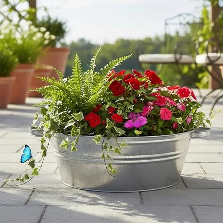 Spetebo Pflanzschale Metallwanne verzinkt mit Griffen (silber, 1 St, Ø 40 cm), Metall Gartenteich Wanne silber verzinkt – Bild 7