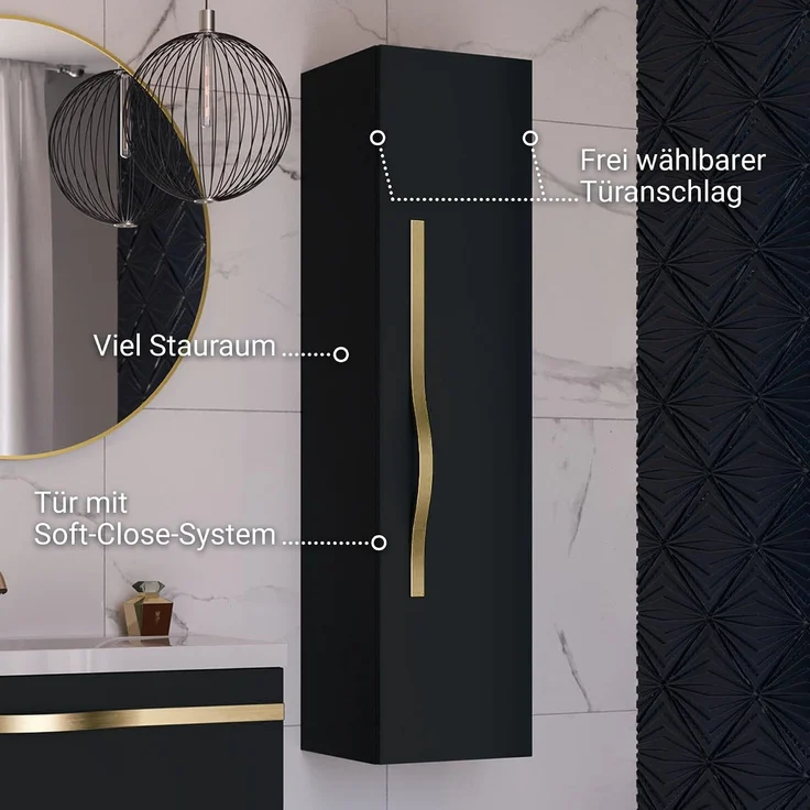 BADEDU FILS Hochschrank 33 cm breit, Schwarz, Griff Gold – Bild 4