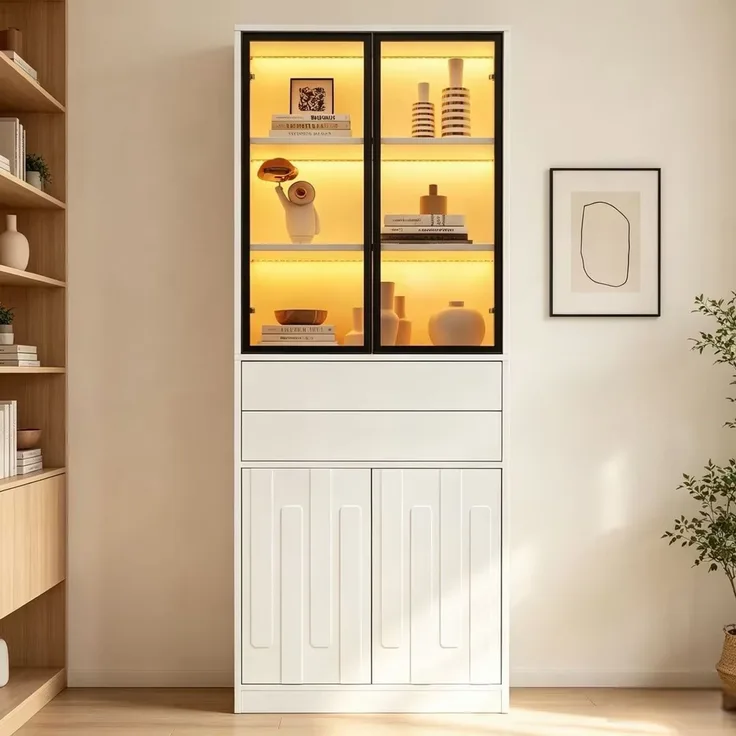 70×34×180cm LED Display Vitrine mit 2 Schubladen , Hochschrank mit Glasschranktüren, Hochschrank Glasvitrine mit LED ,Wohnzimmerschrank mit Glastüren, Küche, Arbeitszimmer, Eingangsbereich,Weiß--Weiß--70x34x180cm--YOUDENOVA