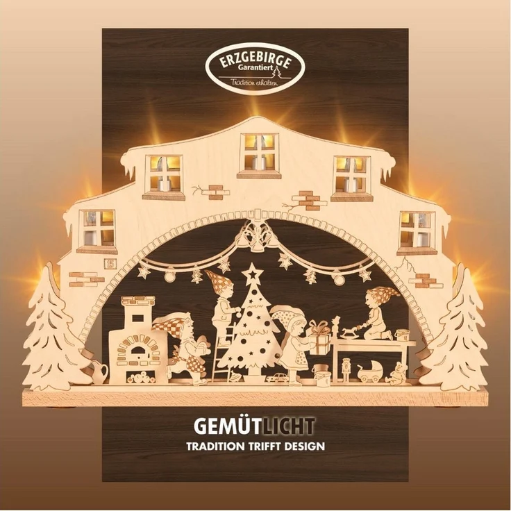 Weigla LED Schwibbogen Wichtelwerkstatt, Lichterbogen aus Holz, NATUR, Made in Germany, Erzgebirge garantiert, Weihnachtsdeko Innen, Weihnachtsbeleuchtung – Bild 1