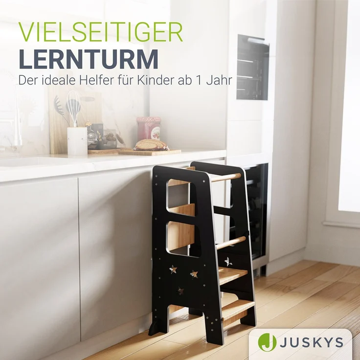 Juskys 'Henny' Lernturm - für Kinder ab 1 Jahr, Stehhilfe, 3-fach höhenverstellbar, Umkippschutz, Küchenhelfer, Schwarz – Bild 2