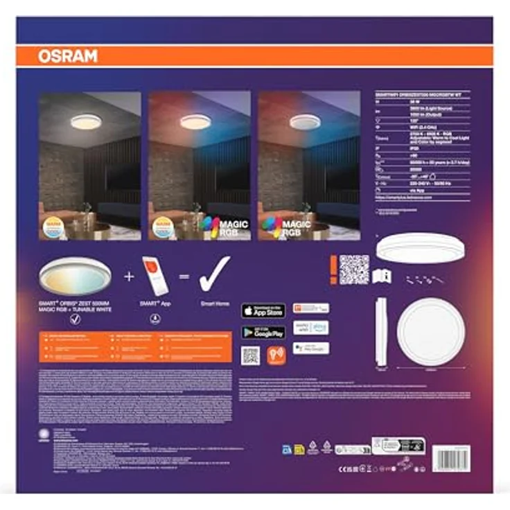 Osram SMART + WIFI LED Deckenleuchte, weiß, 32W, 3400lm, Weißlichtfunktion, dimmbar, dynamischer Magic-RGB Lichteffekt, lange Lebensdauer, einfache Montage, App-steuerbar, 2700-6500K – Bild 4