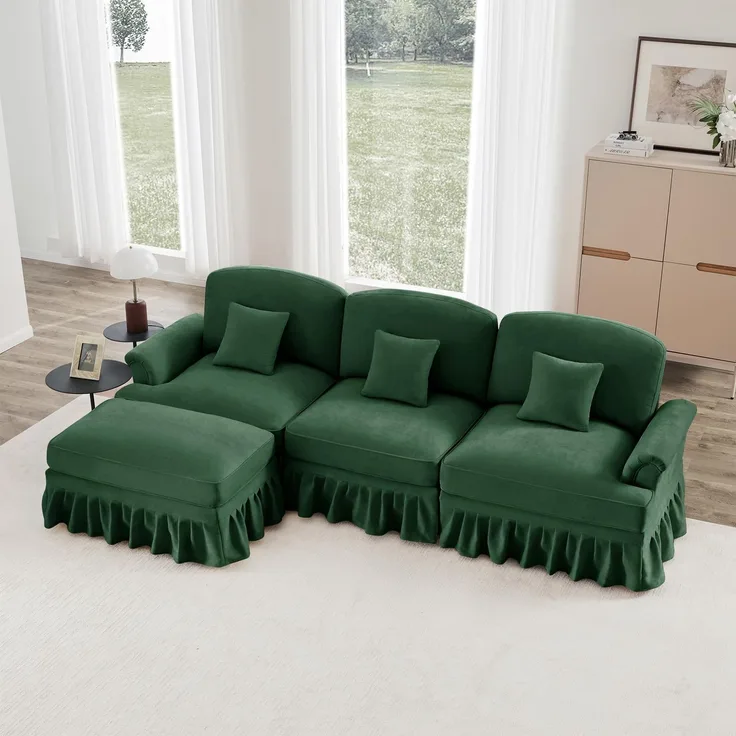 Ball & Cast Sofa Sets, 3 Sitzer Sofa mit Flared Armlehnen, Modulares Sofa mit Abnehmbarem Volant für Wohnzimmer, Grün, 3 Sitze + 1 Hocker