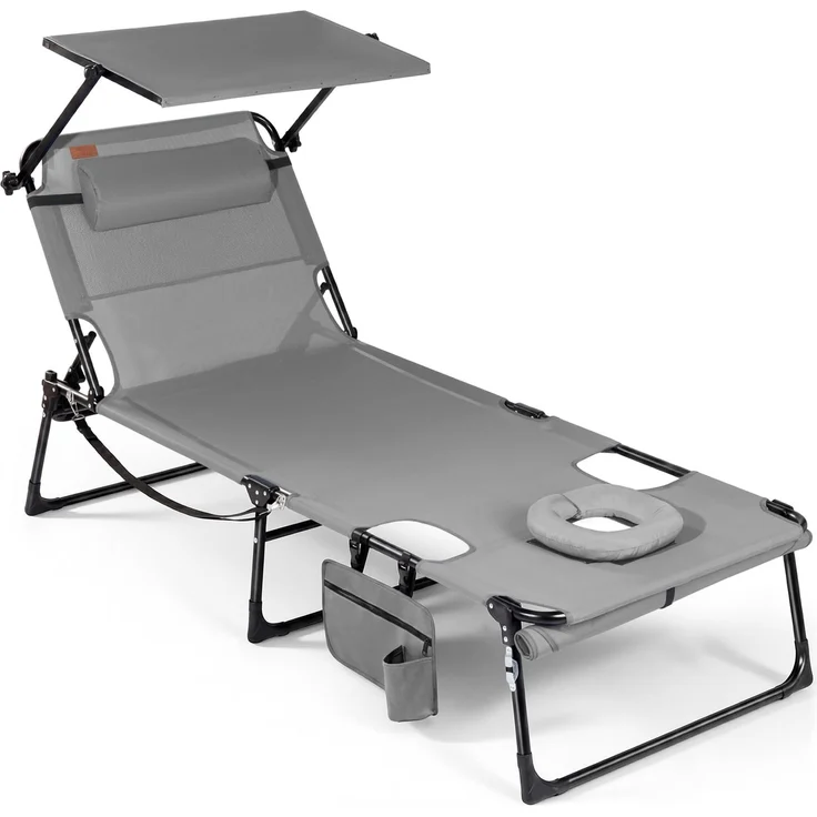 Homecall XXL Sonnenliege mit Gesichtsöffnung & Sonnendach, bis 180 kg (2, Hellgrau)