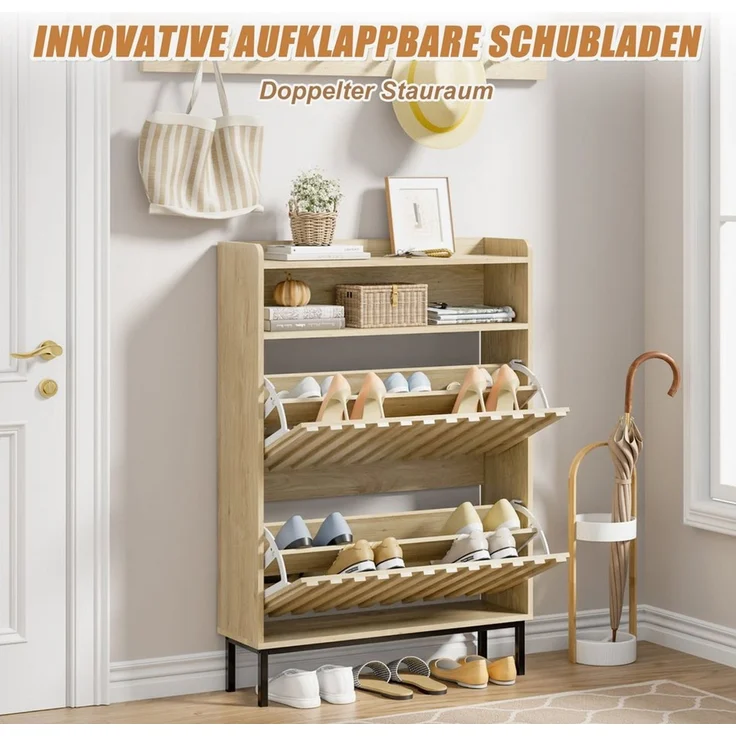 UEV Schuhschrank mit 2 Klappen Schuhregal Schukipper schmal platzsparend (Modern Schuhaufbewahrung mit Oberplatte Platzsparend, Anti-Kipp-Vorrichtung für Eingangsbereich Flur Diele) verstellbare Trennwand für verschiedene Schuhtypen – Bild 4