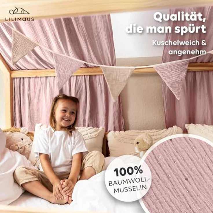 lilimaus Betthimmel Musselin Hausbett Himmel für Kinderzimmer mit Gold Applikation, Musselin Betthimmel aus Baumwolle für Kinderzimmer-Deko – Bild 3
