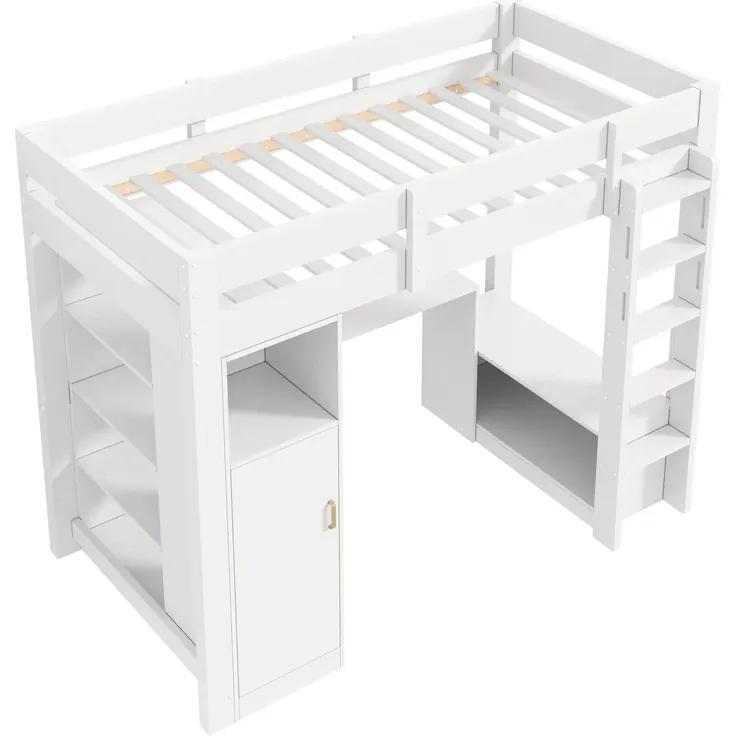 Hochbett mit Schreibtisch, LED-Streifen, Lattenrost, Trittleiter, Regale, Kleiderschrank und USB, 90x200 cm, Kinderbett, Einzelbett, Kiefer – Bild 6
