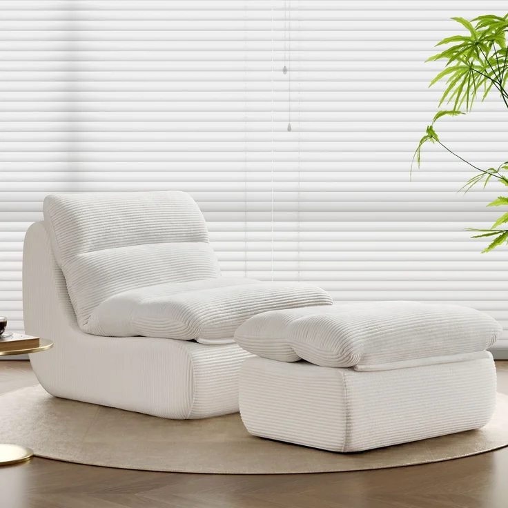 Beanbag Sofa aus Cord mit Fußhocker, 101x81x75 cm, Weiß – Bild 2