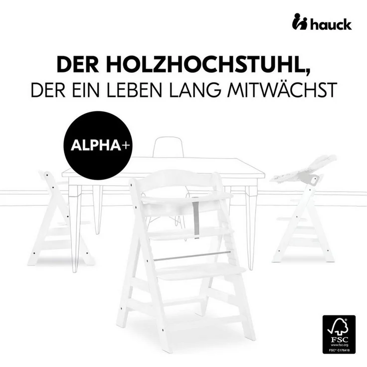 Hauck Hochstuhl Alpha Plus White, Holz Kinderhochstuhl verstellbar mit Essbrett Wooden Tray & Sitzkissen – Bild 3