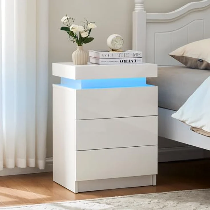 TUKAILAI Nachttisch mit LED Beleuchtung, 3 Schubladen und oberer Aufbewahrung, Hochglanz, Weißer Nachtschrank Modern, 45 x 35 x 67.5 cm für Schlafzimmer, Wohnzimmer – Bild 8