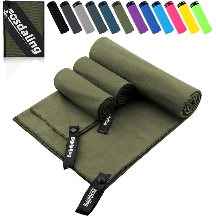 Handtuch Mikrofaser 3er 160x80 2x80x40 Strand Sport Reise Armeegrün – Bild 1