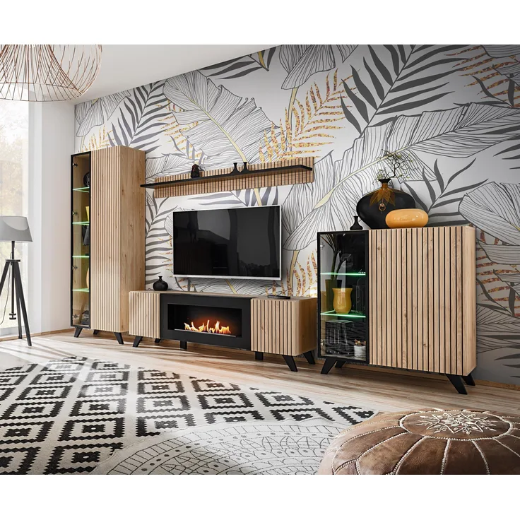 Wohnwand Liam mit Bio-kamin in Hickory Jackson mit Streifen Aufdruck 350 x 192 x 45 cm 4-teilig