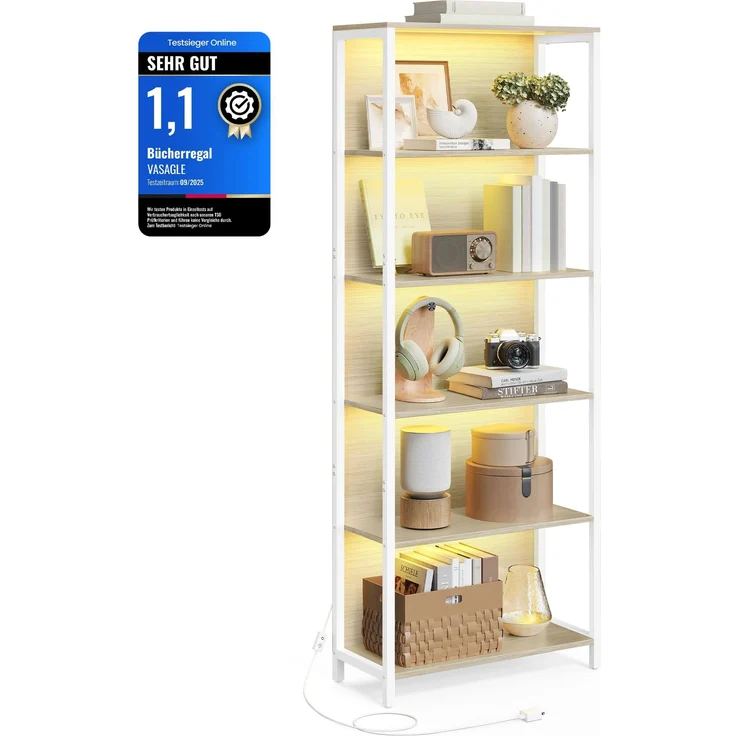 VASAGLE Bücherregal mit 6 Ebenen, Standregal mit Einstellbarer LED-Beleuchtung, Regal mit Stahlrahmen, 30,3 x 60 x 178,6 cm, für Wohnzimmer, Schlafzimmer, Arbeitszimmer, naturbeige LLS120LL01