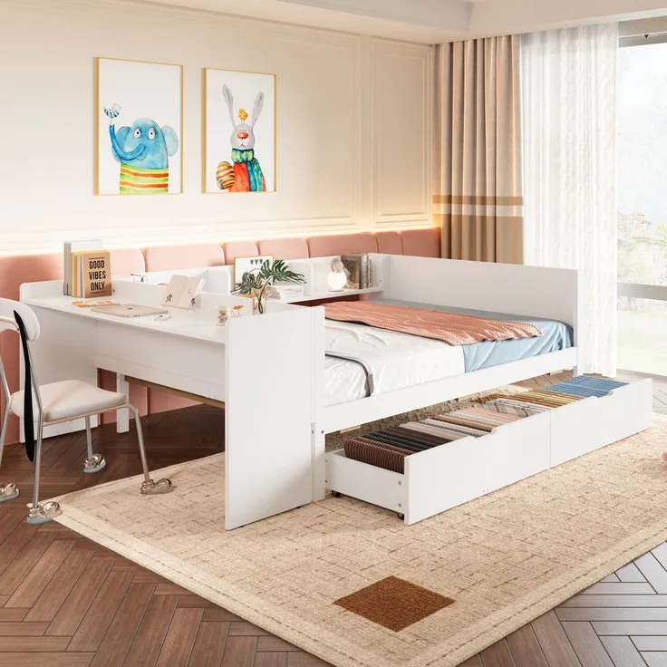 Multifunktionales Holzbett 140×200 cm mit Schreibtisch, Schubladen & Regalen – platzsparendes Doppelbett für modernes Schlafzimmer