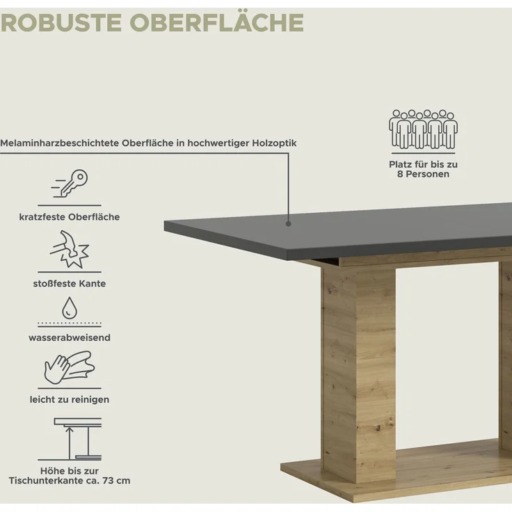 Ausziehbarer Esstisch (B/H/T): 150-190x76x80 in Artisan Nachbildung und grau Nachbildung mit Doppelsäulen-Fußgestell – Bild 8
