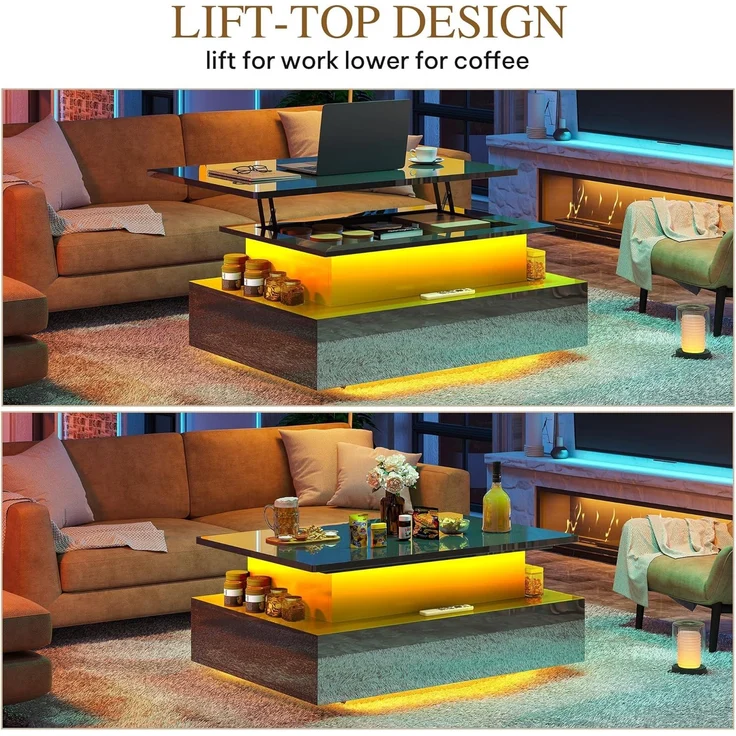 YITAHOME Couchtisch Höhenverstellbar, Wohnzimmertisch Hochglanz mit Hebeplatte,Couch Tisch Wohnzimmer mit 16-Farbiger LED Modern and 2 Schubladen – Bild 7