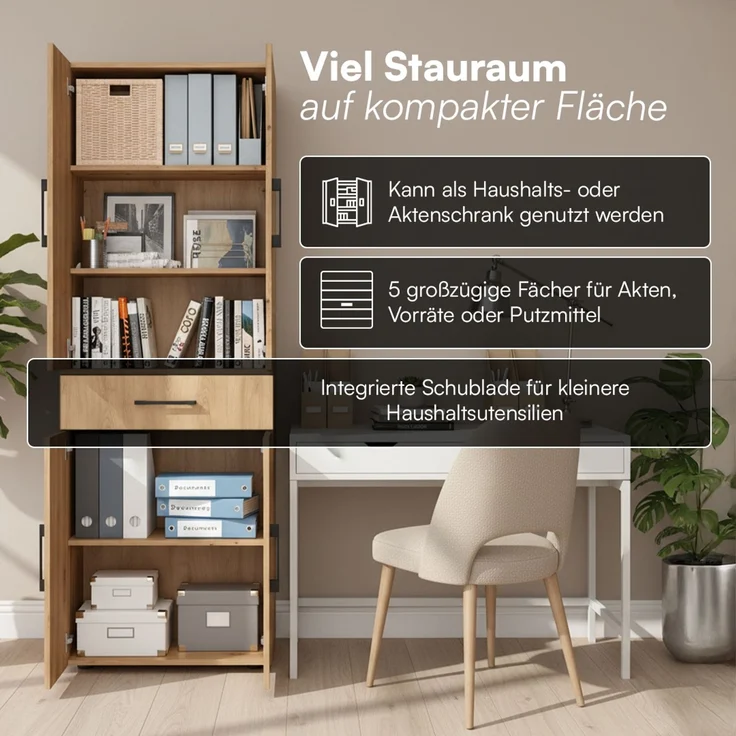 Bellamio 'Apol' Mehrzweckschrank, Eichenoptik, 176x33x60 cm, Aktenschrank mit Schublade und 5 Ablagefächern – Bild 5