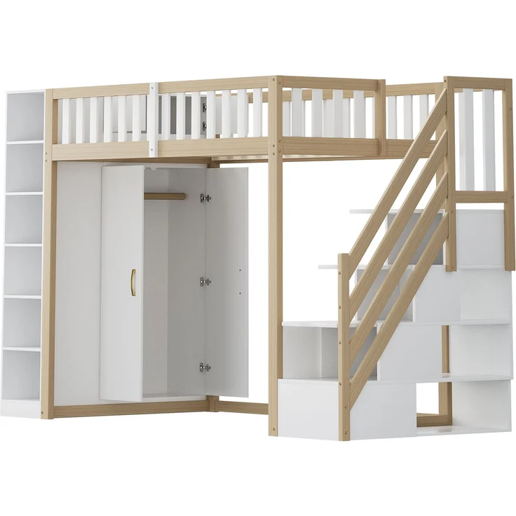Merax Hochbett mit Regalen, Stauschrank, großem Kleiderschrank und Sicherheitsleiter mit Ablagefächern, Holz natur / weiß, 90x200 cm – Bild 8