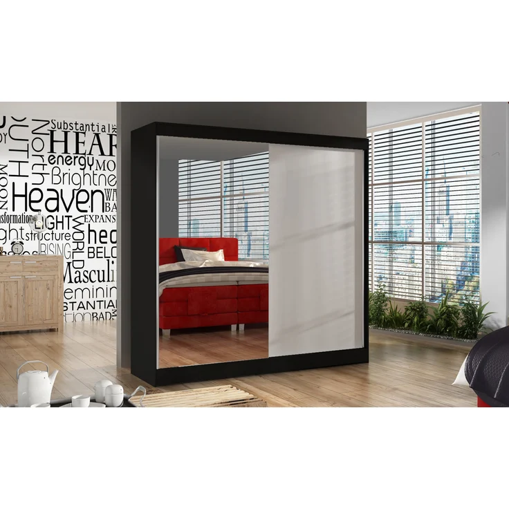 Schwebetürenschrank Basti I 200 cm mit Spiegel - Kleiderschrank, Schiebetürenschrank mit Kleiderstange und Einlegeboden, Schlafzimmerschrank, Schiebetüren, 200x215x58 cm (Schwarz/Weiß) – Bild 2