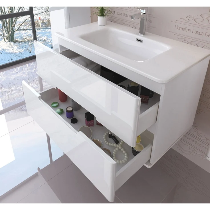 Homeline Badmöbel-Set Bad Möbelset Badezimmer Möbel Hochglanz 90 cm Eiche / Weiß Schwarz, (Spar-Set, 5-St, Fünfteiliges Set), Spiegelschrank mit Keramikbecken, Hochglanz – Bild 2