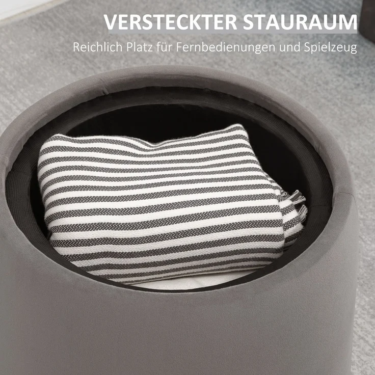 Hocker 44x44x47,5 cm in Dunkelgrau, Samtoptik mit Stauraum und Wendedeckel – Bild 4
