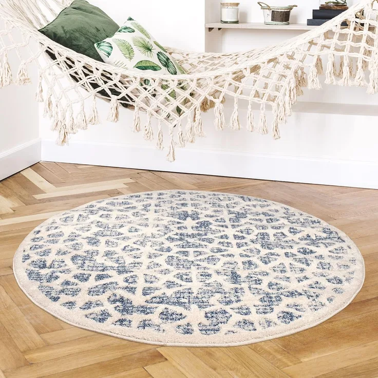 Teppich Rund Wohnzimmer - Blau Cream- 200x200cm – Kurzflor Modern Deko Boho Schlafzimmer Flur Dekoration - Skandinavische Teppiche