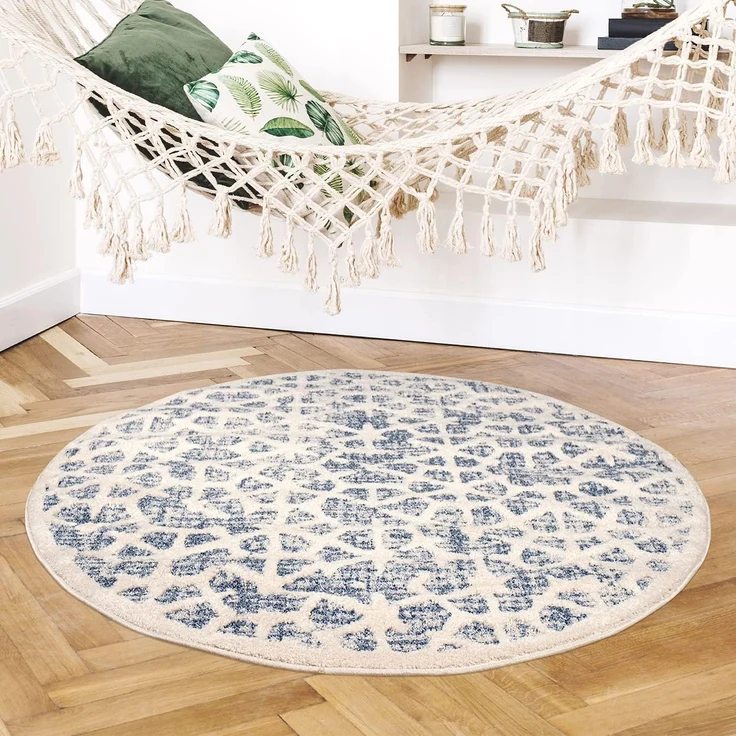 Teppich Rund Wohnzimmer - Blau Cream- 200x200cm – Kurzflor Modern Deko Boho Schlafzimmer Flur Dekoration - Skandinavische Teppiche