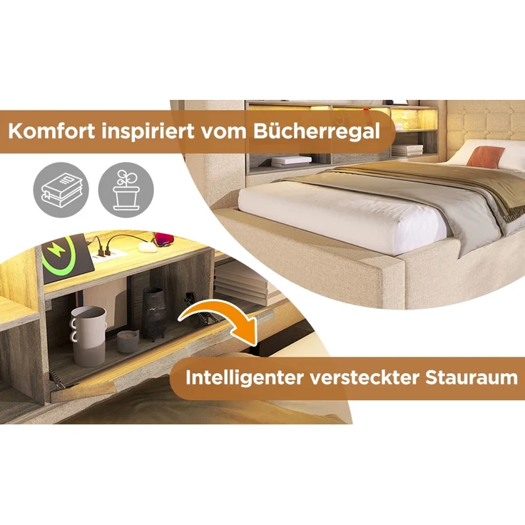 U-life Polsterbett Einzelbett 90x200 cm, hydraulischer Stauraum, L-förmigem, Beidseitig montierbar, Lattenrost, Leinen, Beige – Bild 3