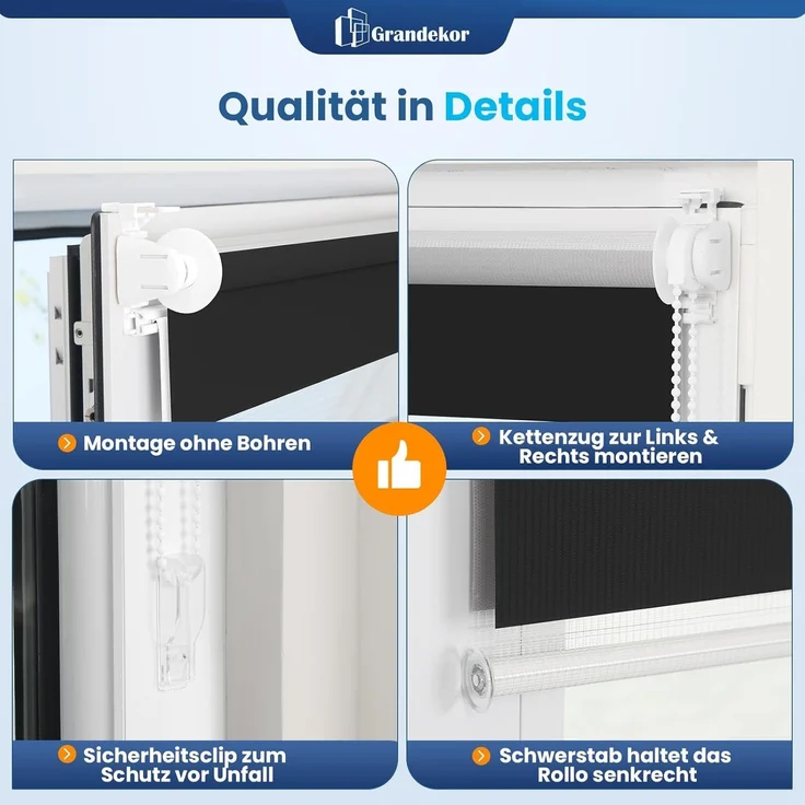 Grandekor Doppelrollo Klemmfix ohne Bohren Schwarz-Weiß 90x150 cm(Stoffbreite 86cm) Fenster Rollos für innen Klemmrollos Duo Rollos für Fenster ohne Bohren mit Bohren Privatschutz Zebrarollo – Bild 5