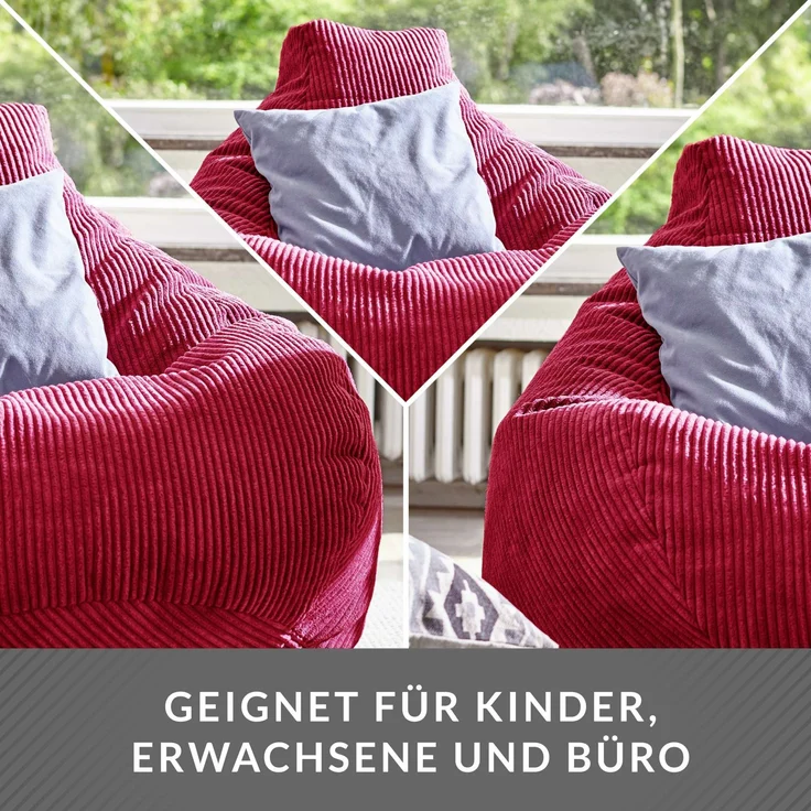 Green Bean® Sitzsack mit Rückenlehne 80x80x90cm - Gaming Chair mit 230L Füllung Cordstoff - Bean Bag Bodenkissen Lounge Sitzhocker Relax-Sessel Gamer Gamingstuhl Rot – Bild 3