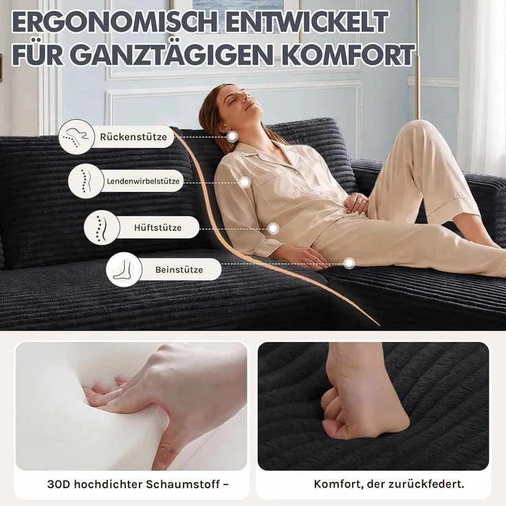 COMHOMA Ecksofa mit Schlaffunktion, 228cm Corduroy Modulares Boneless Couch mit Chaiselongue & Rücken-Metallgestell, L-Form Schlafsofa mit offenem Design, Kissen & Seitentaschen,für Wohnzimmer,Schwarz-L – Bild 11