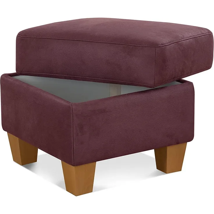 Cavadore Hocker Ammerland / Stauraumhocker mit Holzfüßen, als Fußhocker oder Beistellhocker / 58 x 48 x 58 / Wildlederoptik, Rot