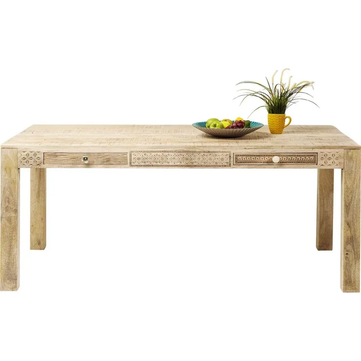 Kare Design Tisch Puro, Esszimmertisch verziert mit handgeschnitzten Ornamenten, moderner Esstisch aus hochwertigem Mango Echtholz mit liebevollen Details, (H/B/T) 76 x 140 x 70 cm, Holz, Natur