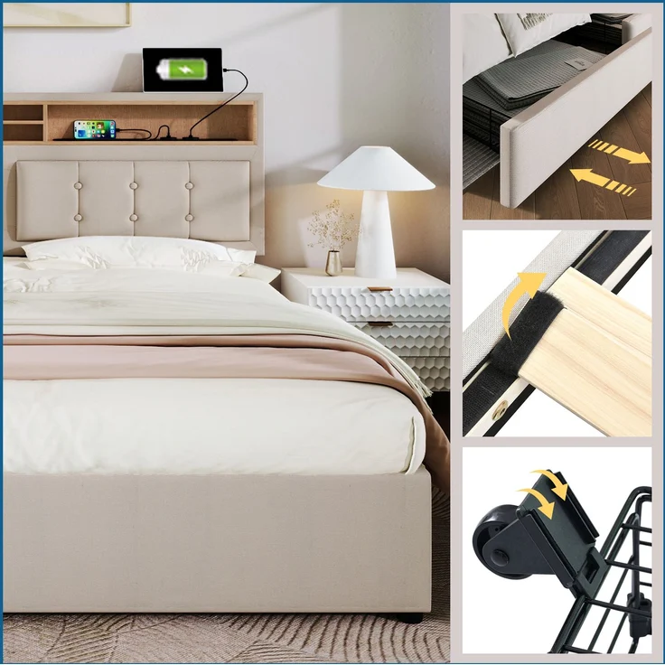 Polsterbett 140×200 cm mit verstellbarem Kopfteil,USB & Steckdosen,4 Schubladen,Leinenstoff beige,inklusive Matratze – Bild 6