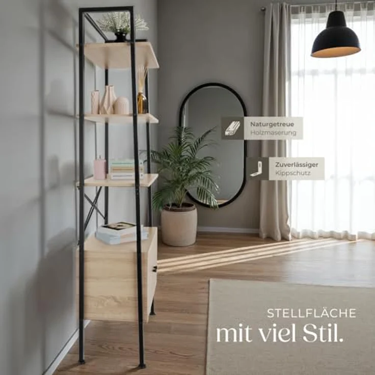 tectake Leiterregal Brentwood, Rechteckig in Natur, Holzwerkstoff mit Beton Optik, 34x173x57,5 cm, 4 Ebenen und 2 Schrankfächern – Bild 8