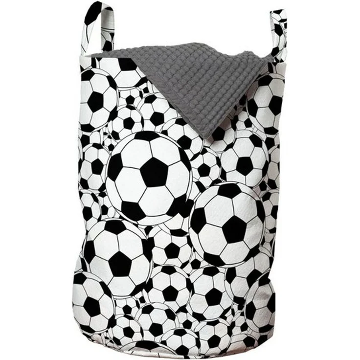 Abakuhaus Wäschesäckchen Wäschekorb mit Griffen Kordelzugverschluss für Waschsalons, Fußball Monochrome Balls Jungen – Bild 2