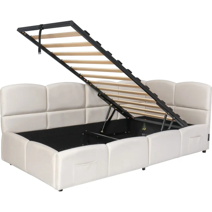 Polsterbett mit Aufbewahrung, Taschen, Lattenrost, USB und Type-C, 90x200 cm, Einzelbett mit gepolstertem Kopfteil, Samt – Bild 7