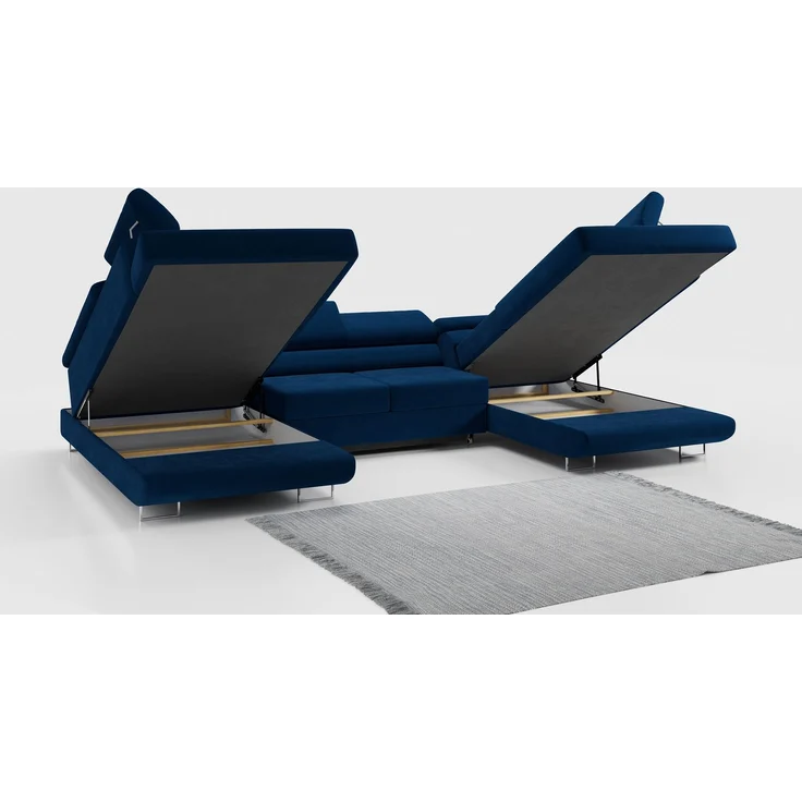 Ecksofa, Wohnzimmer U Couch, Polstersofa mit Bettkasten - GUSTAW-U - Dunkelblau Velours – Bild 3
