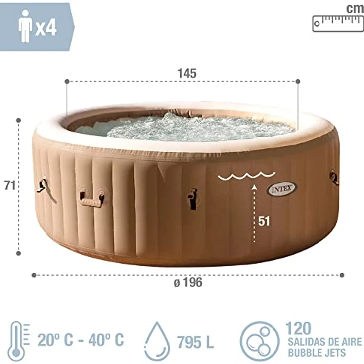 Intex PureSpa Bubble Massage, Aufblasbares Spa Ø196 x 71 cm, rund, braun, für 4 Personen, 795 l, 120 Luftdüsen, 2.200 W Heizung – Bild 5