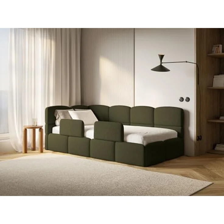 Selsey Jugendbett 90x200 cm Links Komfortables Polsterbett mit Bettkasten Sicherer Schlaf Rausfallschutz-Gitter Modernes Design Stabiler Holzrahmen Olivgrün Ideal Kinderzimmer – Bild 1