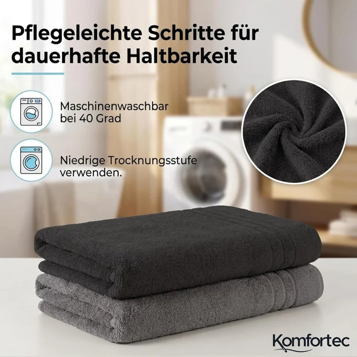 Komfortec 2er Saunatuch Set 80x200 cm aus 100% Baumwolle, XXL-Saunatücher, Sauna Handtuch, Weich, Groß, Frottee, Schnelltrocknend, Anthrazit Grau/Schwarz – Bild 2