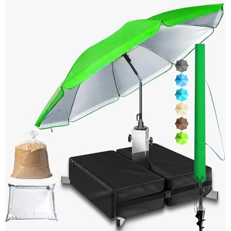 4smile Sonnenschirm Strand SunnyJoy im 3er-Set - UPF 50+ Balkon Schirm 180 cm + Sonnenschirmständer befüllbar + Sonnenschirmhülle - Sonnenschutz Balkon, Gartenschirm, Grün